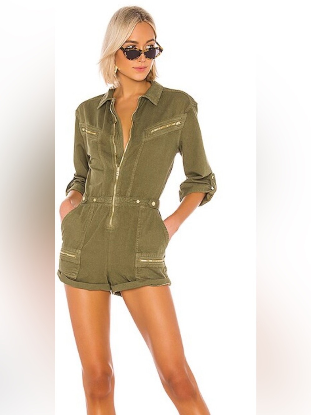 Free People Isla Olive Green Zip Front Utility Cargo Romper Size 4
